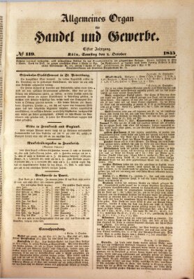 Allgemeines Organ für Handel und Gewerbe und damit verwandte Gegenstände Samstag 4. Oktober 1845