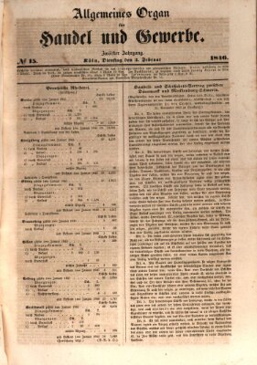 Allgemeines Organ für Handel und Gewerbe und damit verwandte Gegenstände Dienstag 3. Februar 1846