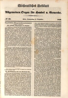 Allgemeines Organ für Handel und Gewerbe und damit verwandte Gegenstände Donnerstag 17. Dezember 1846