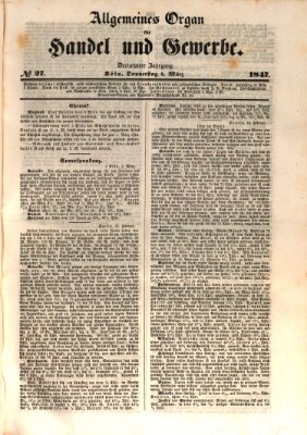 Allgemeines Organ für Handel und Gewerbe und damit verwandte Gegenstände Donnerstag 4. März 1847