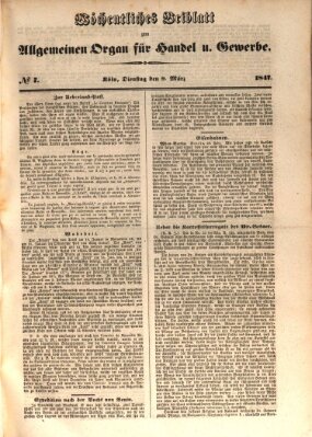 Allgemeines Organ für Handel und Gewerbe und damit verwandte Gegenstände Dienstag 9. März 1847