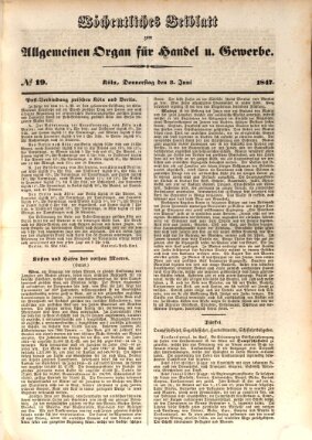 Allgemeines Organ für Handel und Gewerbe und damit verwandte Gegenstände Donnerstag 3. Juni 1847