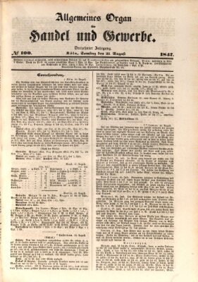 Allgemeines Organ für Handel und Gewerbe und damit verwandte Gegenstände Samstag 21. August 1847