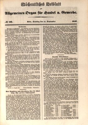 Allgemeines Organ für Handel und Gewerbe und damit verwandte Gegenstände Samstag 11. September 1847