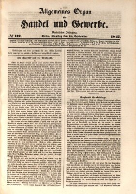 Allgemeines Organ für Handel und Gewerbe und damit verwandte Gegenstände Samstag 18. September 1847