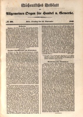 Allgemeines Organ für Handel und Gewerbe und damit verwandte Gegenstände Dienstag 28. September 1847