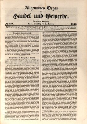 Allgemeines Organ für Handel und Gewerbe und damit verwandte Gegenstände Samstag 2. Oktober 1847