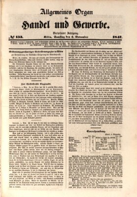 Allgemeines Organ für Handel und Gewerbe und damit verwandte Gegenstände Samstag 6. November 1847