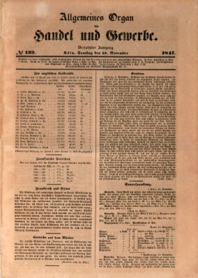 Allgemeines Organ für Handel und Gewerbe und damit verwandte Gegenstände Samstag 20. November 1847