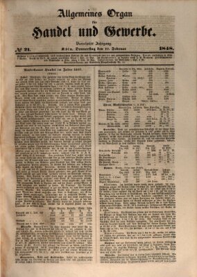 Allgemeines Organ für Handel und Gewerbe und damit verwandte Gegenstände Donnerstag 17. Februar 1848