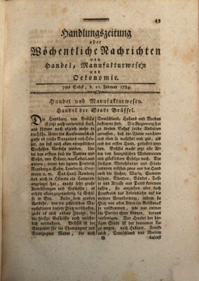 Handlungszeitung oder wöchentliche Nachrichten von Handel, Manufakturwesen, Künsten und neuen Erfindungen Samstag 21. Februar 1784