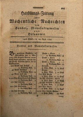 Handlungszeitung oder wöchentliche Nachrichten von Handel, Manufakturwesen, Künsten und neuen Erfindungen Samstag 10. April 1784