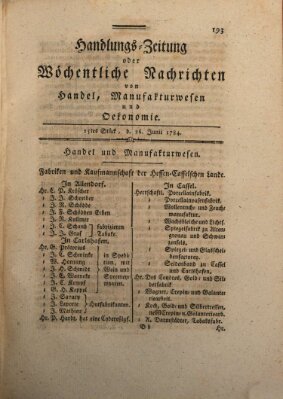 Handlungszeitung oder wöchentliche Nachrichten von Handel, Manufakturwesen, Künsten und neuen Erfindungen Samstag 26. Juni 1784