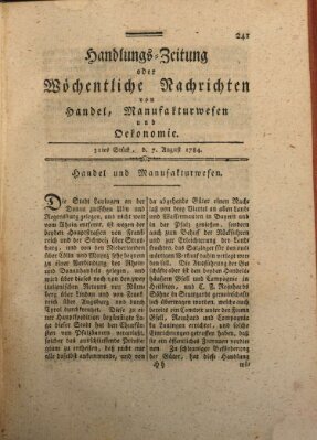 Handlungszeitung oder wöchentliche Nachrichten von Handel, Manufakturwesen, Künsten und neuen Erfindungen Samstag 7. August 1784