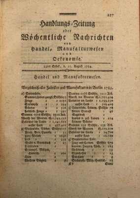 Handlungszeitung oder wöchentliche Nachrichten von Handel, Manufakturwesen, Künsten und neuen Erfindungen Samstag 21. August 1784