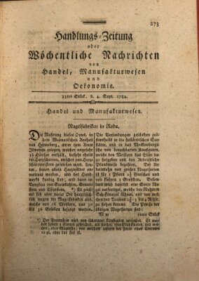 Handlungszeitung oder wöchentliche Nachrichten von Handel, Manufakturwesen, Künsten und neuen Erfindungen Samstag 4. September 1784