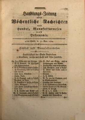 Handlungszeitung oder wöchentliche Nachrichten von Handel, Manufakturwesen, Künsten und neuen Erfindungen Samstag 27. November 1784