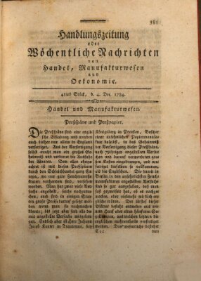 Handlungszeitung oder wöchentliche Nachrichten von Handel, Manufakturwesen, Künsten und neuen Erfindungen Samstag 4. Dezember 1784