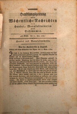 Handlungszeitung oder wöchentliche Nachrichten von Handel, Manufakturwesen, Künsten und neuen Erfindungen Samstag 22. Januar 1785