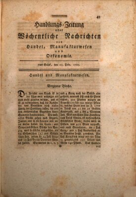 Handlungszeitung oder wöchentliche Nachrichten von Handel, Manufakturwesen, Künsten und neuen Erfindungen Samstag 12. Februar 1785