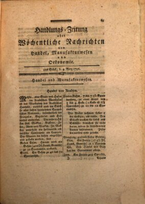 Handlungszeitung oder wöchentliche Nachrichten von Handel, Manufakturwesen, Künsten und neuen Erfindungen Samstag 4. März 1786