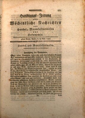 Handlungszeitung oder wöchentliche Nachrichten von Handel, Manufakturwesen, Künsten und neuen Erfindungen Samstag 18. November 1786