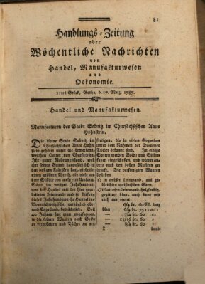 Handlungszeitung oder wöchentliche Nachrichten von Handel, Manufakturwesen, Künsten und neuen Erfindungen Samstag 17. März 1787