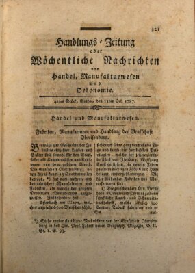 Handlungszeitung oder wöchentliche Nachrichten von Handel, Manufakturwesen, Künsten und neuen Erfindungen Samstag 13. Oktober 1787