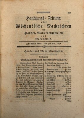 Handlungszeitung oder wöchentliche Nachrichten von Handel, Manufakturwesen, Künsten und neuen Erfindungen Samstag 3. November 1787