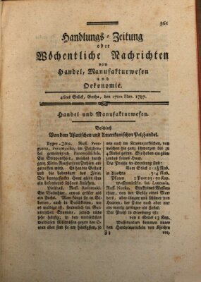 Handlungszeitung oder wöchentliche Nachrichten von Handel, Manufakturwesen, Künsten und neuen Erfindungen Samstag 17. November 1787