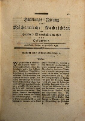 Handlungszeitung oder wöchentliche Nachrichten von Handel, Manufakturwesen, Künsten und neuen Erfindungen Samstag 9. Februar 1788