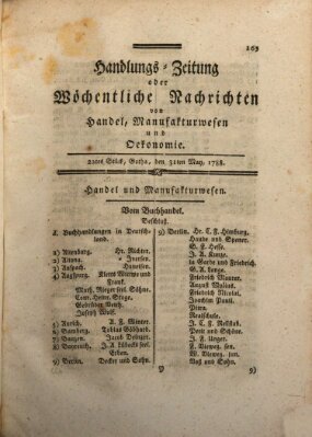 Handlungszeitung oder wöchentliche Nachrichten von Handel, Manufakturwesen, Künsten und neuen Erfindungen Samstag 31. Mai 1788