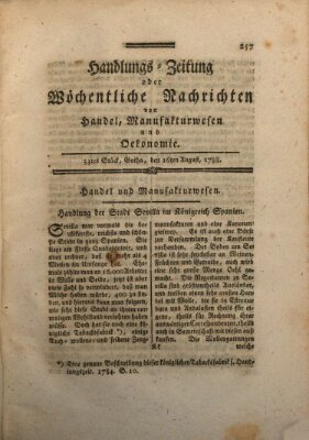 Handlungszeitung oder wöchentliche Nachrichten von Handel, Manufakturwesen, Künsten und neuen Erfindungen Samstag 16. August 1788