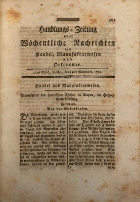 Handlungszeitung oder wöchentliche Nachrichten von Handel, Manufakturwesen, Künsten und neuen Erfindungen Samstag 15. November 1788