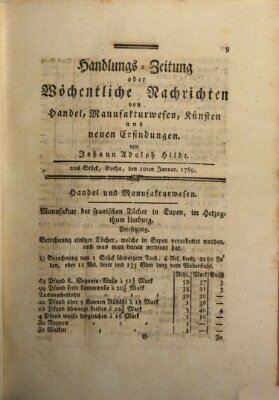 Handlungszeitung oder wöchentliche Nachrichten von Handel, Manufakturwesen, Künsten und neuen Erfindungen Samstag 10. Januar 1789