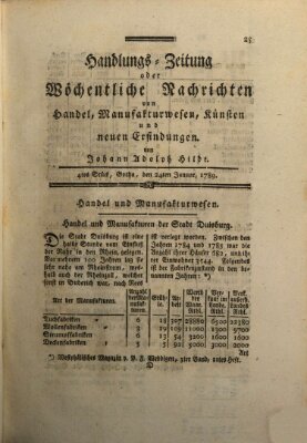 Handlungszeitung oder wöchentliche Nachrichten von Handel, Manufakturwesen, Künsten und neuen Erfindungen Samstag 24. Januar 1789