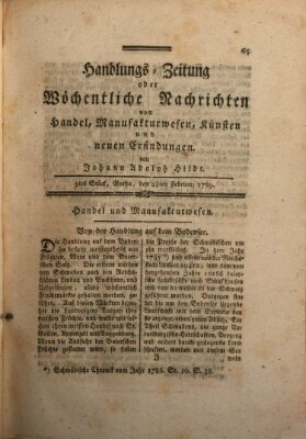 Handlungszeitung oder wöchentliche Nachrichten von Handel, Manufakturwesen, Künsten und neuen Erfindungen Montag 23. Februar 1789