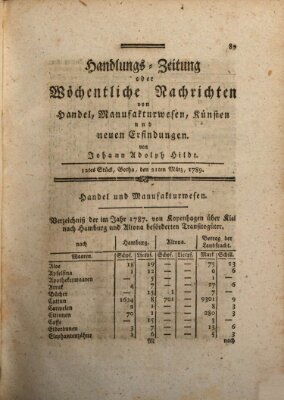 Handlungszeitung oder wöchentliche Nachrichten von Handel, Manufakturwesen, Künsten und neuen Erfindungen Samstag 21. März 1789