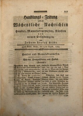 Handlungszeitung oder wöchentliche Nachrichten von Handel, Manufakturwesen, Künsten und neuen Erfindungen Samstag 15. August 1789