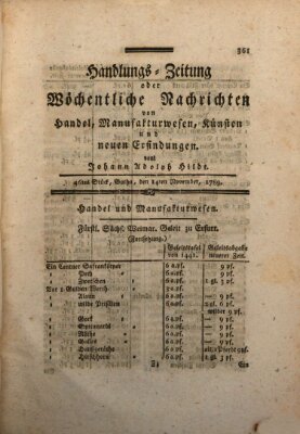 Handlungszeitung oder wöchentliche Nachrichten von Handel, Manufakturwesen, Künsten und neuen Erfindungen Samstag 14. November 1789