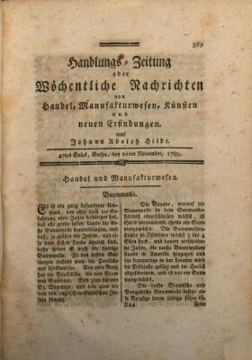 Handlungszeitung oder wöchentliche Nachrichten von Handel, Manufakturwesen, Künsten und neuen Erfindungen Samstag 21. November 1789