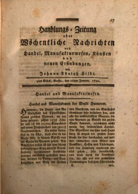 Handlungszeitung oder wöchentliche Nachrichten von Handel, Manufakturwesen, Künsten und neuen Erfindungen Samstag 16. Januar 1790