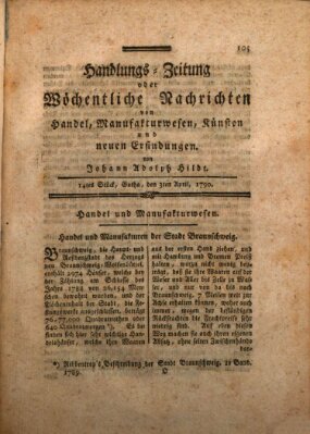 Handlungszeitung oder wöchentliche Nachrichten von Handel, Manufakturwesen, Künsten und neuen Erfindungen Samstag 3. April 1790