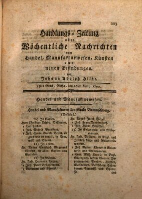 Handlungszeitung oder wöchentliche Nachrichten von Handel, Manufakturwesen, Künsten und neuen Erfindungen Samstag 10. April 1790