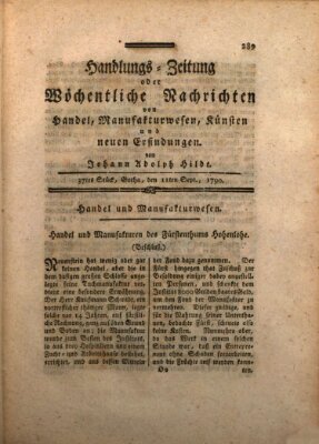 Handlungszeitung oder wöchentliche Nachrichten von Handel, Manufakturwesen, Künsten und neuen Erfindungen Samstag 11. September 1790