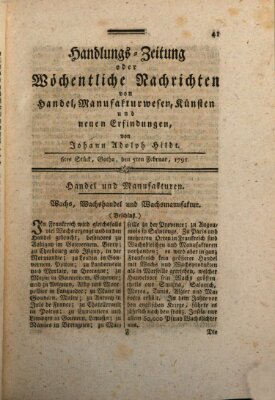 Handlungszeitung oder wöchentliche Nachrichten von Handel, Manufakturwesen, Künsten und neuen Erfindungen Samstag 5. Februar 1791