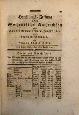 Handlungszeitung oder wöchentliche Nachrichten von Handel, Manufakturwesen, Künsten und neuen Erfindungen Samstag 16. April 1791