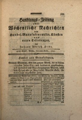 Handlungszeitung oder wöchentliche Nachrichten von Handel, Manufakturwesen, Künsten und neuen Erfindungen Samstag 8. Oktober 1791