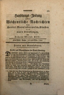 Handlungszeitung oder wöchentliche Nachrichten von Handel, Manufakturwesen, Künsten und neuen Erfindungen Samstag 12. November 1791