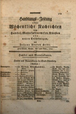 Handlungszeitung oder wöchentliche Nachrichten von Handel, Manufakturwesen, Künsten und neuen Erfindungen Samstag 19. November 1791